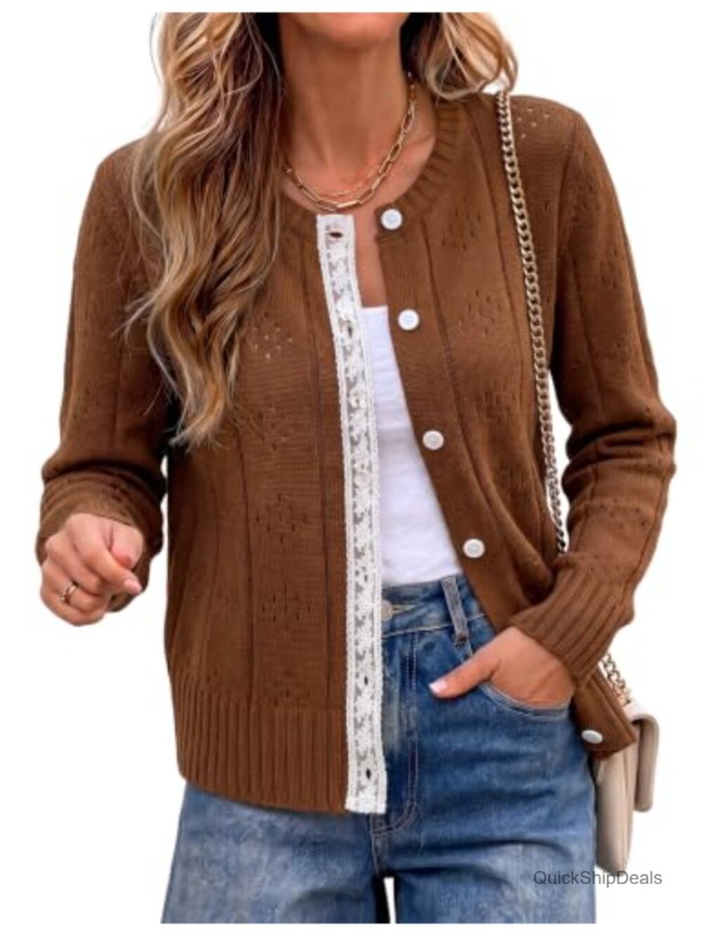 Women Lace Trim Button Knit Cardigan Long Sleeve Cotton Blend